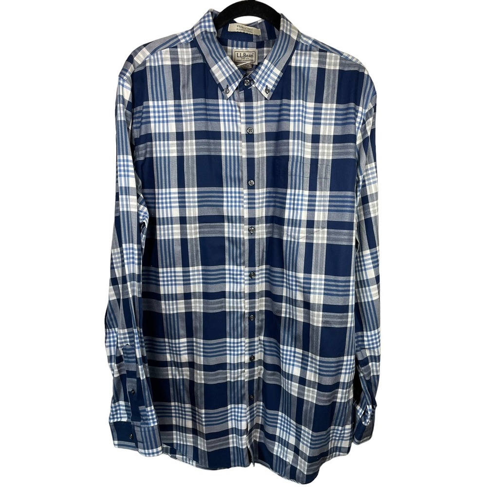 L.L. BEAN L Large Tall Cotton Long Sleeve Blue Tan Button Down Plaid Shirt